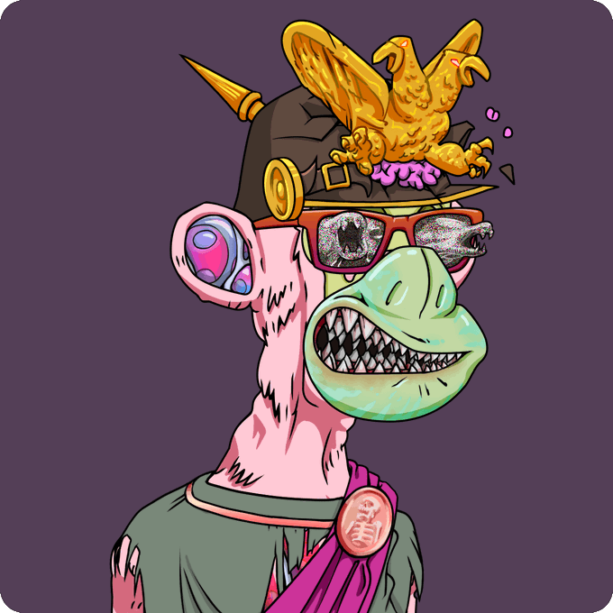A cartoon illustration of a pink-skinned Bored Ape-style character wearing a spiked military hat topped with a golden eagle, red sunglasses with dollar signs, and a green shirt with a purple sash.
