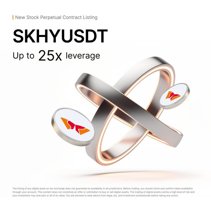 A promotional image announcing the new SKHYUSDT stock perpetual contract listing with up to 25x leverage, featuring a sleek 3D-rendered metallic ring design with SK Hynix logos and a standard trading risk disclaimer at the bottom. The bold text "SKHYUSDT" and "Up to 25x leverage" directly reinforces the Bybit listing announcement for the SK Hynix stock token.