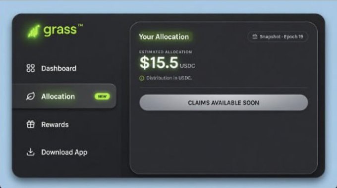 A 'grass' dashboard interface showing 'Your Allocation' with an estimated allocation of $15.5 USDC, a 'Snapshot - Epoch 19' label, and a 'CLAIMS AVAILABLE SOON' button, with sidebar navigation including Dashboard, Allocation (marked NEW), Rewards, and Download App.