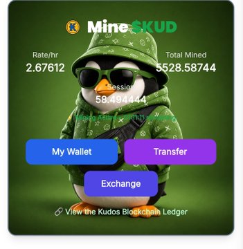 Mobile app interface for 'Mine $KUD' showing a penguin mascot in green, displaying mining stats like Rate/hr (2.67612) and Total Mined (5528.58744), with buttons for My Wallet, Transfer, and Exchange.