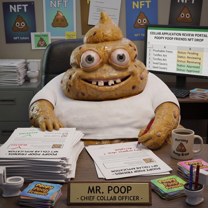 A digital illustration of Mr. Poop as 'Chief Collab Officer' reviewing 'Poopy Poop Friends NFT Drop' applications at a desk, with NFT posters and a 'Dump Brew' mug visible.