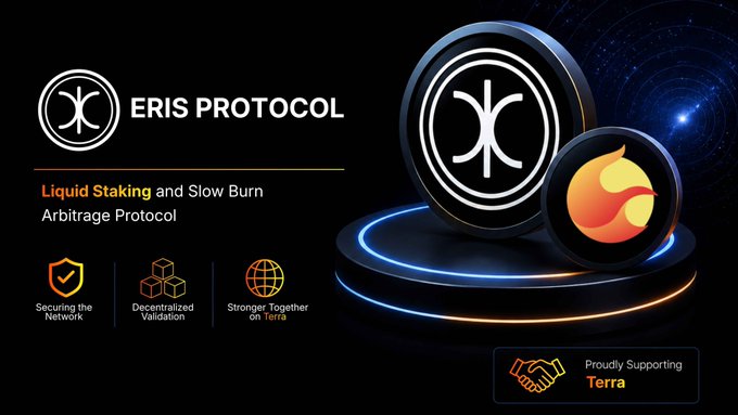 A promotional graphic for 'ERIS PROTOCOL' advertising 'Liquid Staking and Slow Burn Arbitrage Protocol' with features 'Securing the Network', 'Decentralized Validation', and 'Stronger Together on Terra', displaying digital coins and a handshake icon.