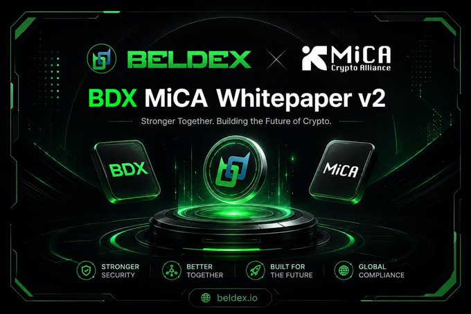 A promotional graphic for 'BELDEX × MiCA Crypto Alliance' titled 'BDX MiCA Whitepaper v2' with the tagline 'Stronger Together. Building the Future of Crypto,' featuring icons for Stronger Security, Better Together, Built for the Future, and Global Compliance, along with the URL beldex.io.