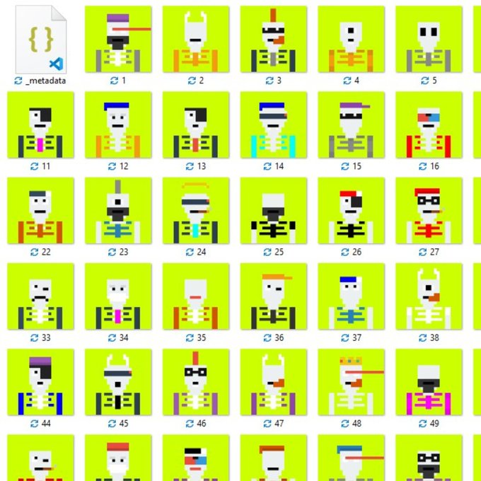 A gallery of pixel-art skeleton NFT thumbnails (numbered 1-5, 11-16, 22-27, 33-38, 44-49, etc.) in varying colors and styles, with a "_metadata" file shown, accompanying a post about an NFT collection that's ready to mint and encouraging community engagement.