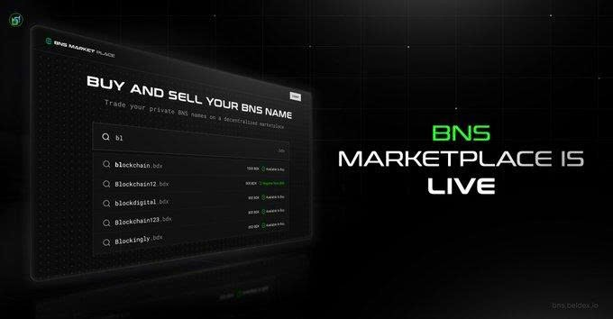 BNS Marketplace advertisement showing a live platform for buying and selling BNS names on a decentralized marketplace.