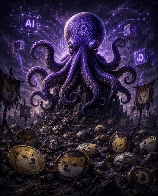 The image features a large purple octopus with tentacles spread out, surrounded by various coins scattered around it. In the background, there are other coins of different sizes and colors, creating an interesting visual effect. The text "Bullieve in @TheOctopusAI We're very early oCToFrqzfrsXQ2qEG3FF4wjR2pCm3HKC8ra81XYWyoz" is also present, which seems to be a part of the image's description.