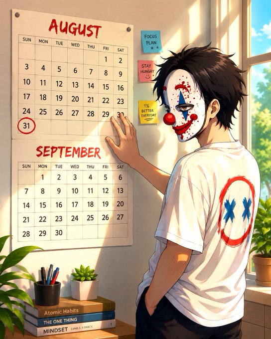 An anime-style illustration of a young man wearing a white t-shirt with a blue and red 'X' logo, a clown mask, and messy hair, standing by a calendar showing 'AUGUST' and 'SEPTEMBER' with sticky notes that say 'FOCUS PLAN', 'STAY HUNGRY', and '1% BETTER EVERYDAY'.