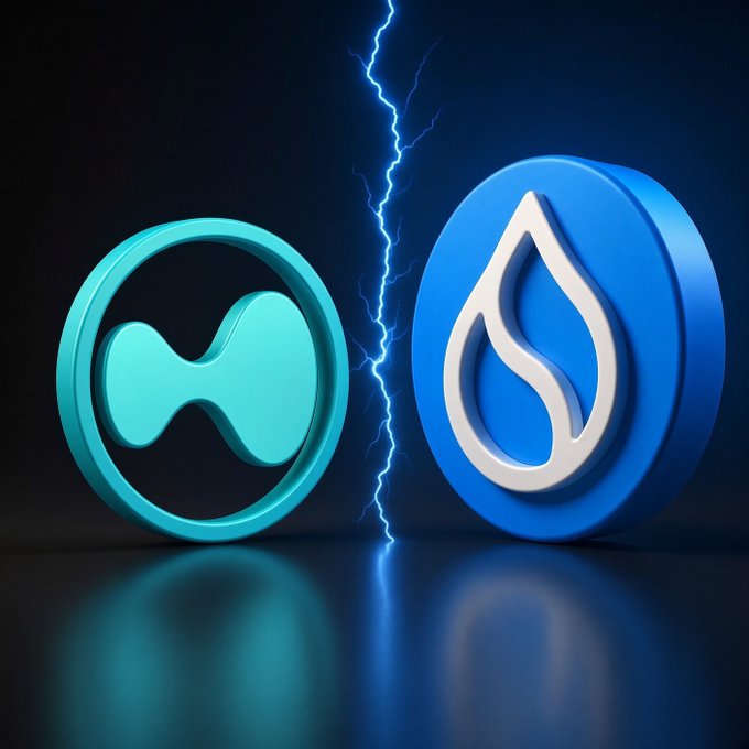Two 3D cryptocurrency coin icons—the cyan HYPE coin and the blue SUI water-drop logo—are separated by a crack of blue lightning, symbolizing the post's call to rotate from $HYPE's recent run into $SUI for the next rally.