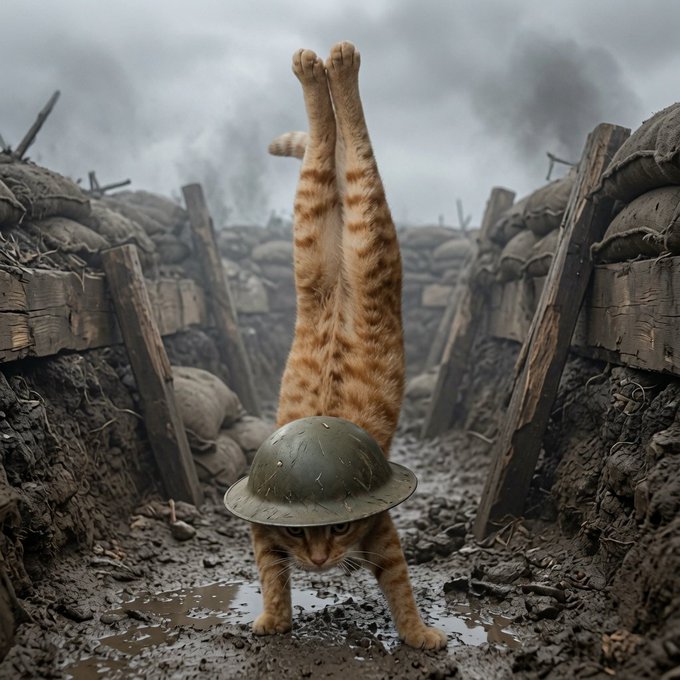 The image features a cat wearing a helmet, standing on its hind legs with its front paws raised above its head. The cat's position resembles that of a soldier during World War II, as indicated by the caption "$USDC is the mascot and currency of the 2026 trenches". This playful and humorous depiction of the cat in military-style gear adds a lighthearted touch to an otherwise serious historical context.

The image also includes several barrels scattered around the trench area, further emphasizing the wartime setting. The combination of the cat's pose with the barrels creates a visually striking scene that captures both the whimsy of the cat and the harsh reality of war.