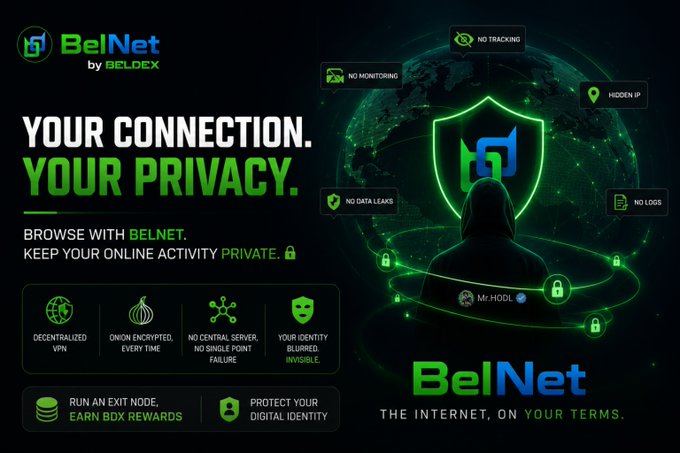 A BelNet (by Beldex) ad shows a hooded figure shielded by a glowing “BelNet” badge over a globe, with callouts such as “No Tracking,” “Hidden IP,” “Decentralized VPN,” “Onion Encrypted,” “No Data Leaks,” and “Run an Exit Node, Earn BDX Rewards,” stressing that true privacy begins by not exposing metadata rather than just encrypting traffic.