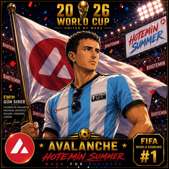 The image features an animated illustration of a man wearing a blue and white soccer jersey, holding a soccer ball and standing next to a soccer field with a goalpost. The background includes a soccer stadium filled with spectators, as well as a banner that reads "2026 World Cup United by Web3". The overall scene conveys the excitement and anticipation surrounding the FIFA World Cup event in the summer of 2026.