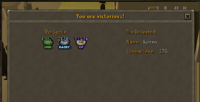 A video game victory screen reads 'You are victorious!' showing 'The Spoils' of 148 USD, 2178 BASEC, and 837.5k GP, along with the defeated opponent 'kieran' at Combat level 126.
