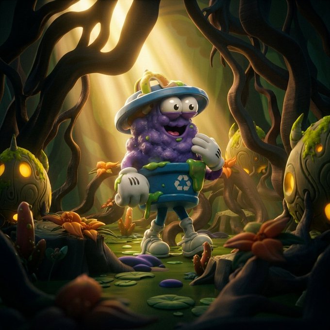 3D animated character of a purple slime-like creature wearing a white hat and a blue recycling bin, standing in a mystical forest setting with glowing lanterns.