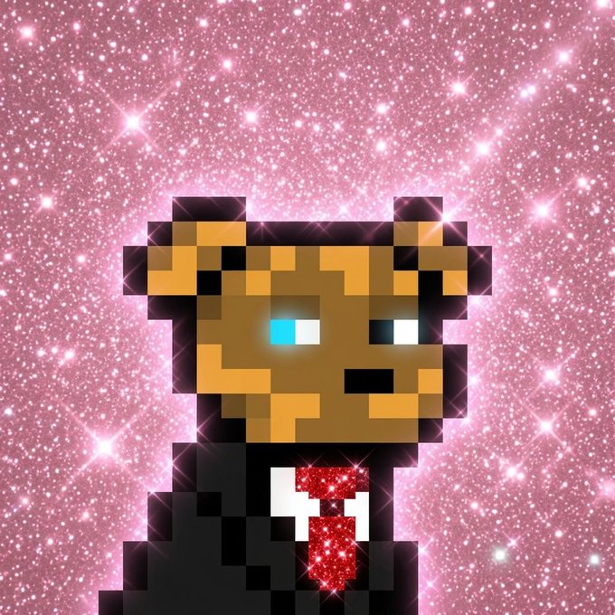 A pixel art illustration of a brown, cat-like character wearing a black shirt, holding a sparkly red heart, set against a bright pink, starry background.