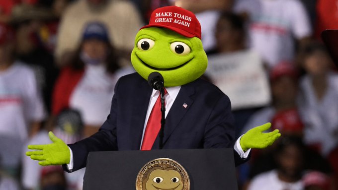 A humorous edited image showing a figure with Pepe the Frog's face wearing a 'MAKE TOADS GREAT AGAIN' red cap and a suit, standing at a podium with a Pepe-themed presidential seal.