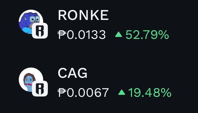 The image shows a screen with two icons, one of which is a blue cartoon character wearing glasses, while the other is a green icon representing a stock symbol. The text "CAG @thetickeriscag WIN @RonkeOn Ronke" is displayed on the screen, and it appears that the stock symbol is CAG, possibly indicating a recent rise in the value of the stock. The icons are positioned next to each other, suggesting they might be related or part of the same post.