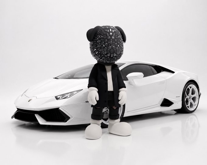 A black designer toy figure wearing a jacket stands in front of a white Lamborghini model car against a clean white background.