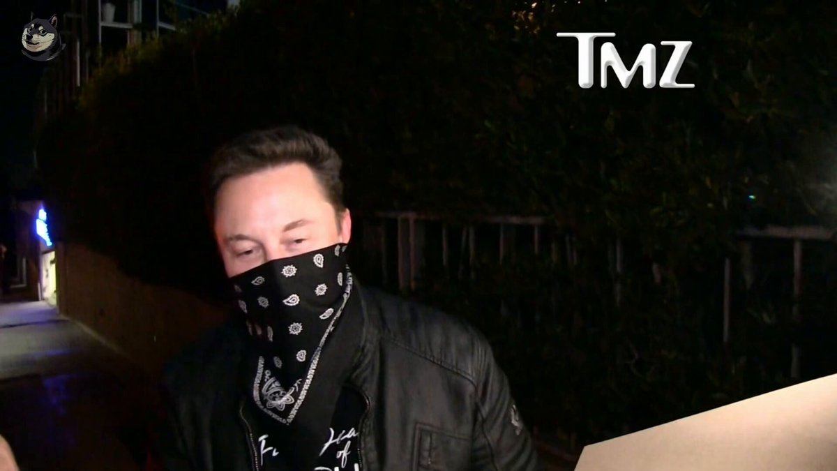 The image features a man wearing a bandana, possibly for protection or anonymity. The background includes a building with a "TMZ" sign above it. There are also two other people partially visible at the bottom of the photo. The caption on the image reads "Invest in $DOGE now is like investing $TSLA in 2013 and investing $SPCX in 2008." This statement seems to be related to the bandana-wearing man, possibly suggesting that he might be involved in a certain industry or market where wearing a bandana could have some significance.