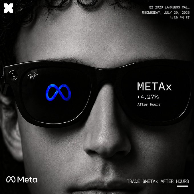 This image displays the Meta logo reflected in sunglasses, with text indicating "METAX +4.27% After Hours," relating to Meta's Q2 2026 earnings call. The accompanying post encourages real-time trading of $METAx after hours.
