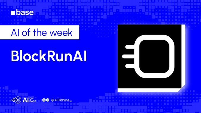 A promotional graphic for "AI on Base" highlighting "AI of the week: BlockRunAI" with the Base logo and social handle @AIOnBase.