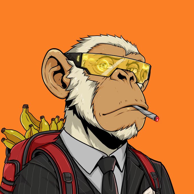 Cartoon illustration of a monkey wearing a suit, yellow sunglasses, and a red backpack filled with bananas while smoking a cigarette.