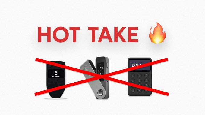 A graphic with the text "HOT TAKE" and a fire emoji above three hardware cryptocurrency wallets crossed out with a large red X.