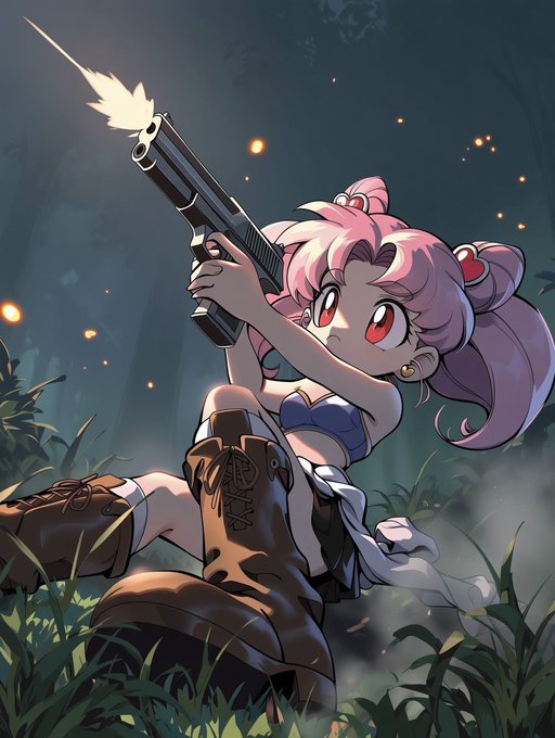 An anime-style illustration of a pink-haired girl with red eyes firing a shotgun, with muzzle flash and sparks in a dark forest setting.