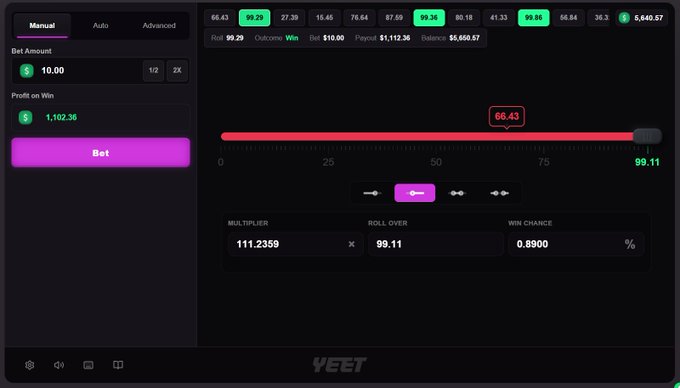 A dark-themed online betting interface called 'YEET' showing a manual bet of $10.00, a multiplier of 111.2359, and a win chance of 0.8900%, with a payout of 1,102.36.