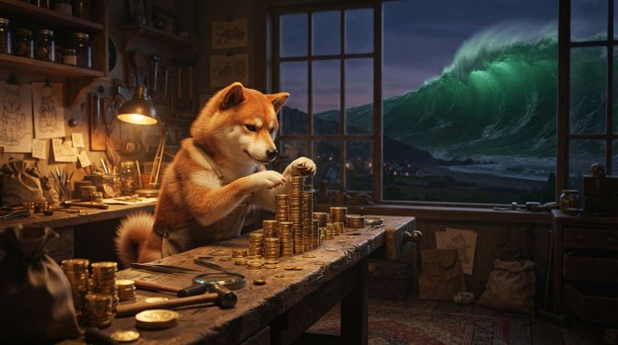 An anthropomorphic Shiba Inu dog wearing an apron meticulously counts stacks of gold coins in a workshop at night, with a large green wave crashing visible through the window.