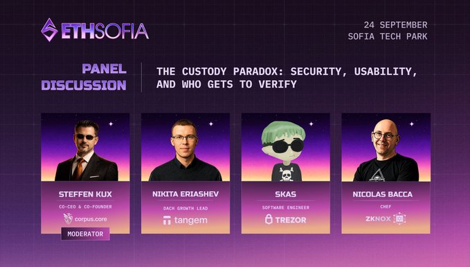 An event panel for 'ETHSOFIA' on '24 September Sofia Tech Park' titled 'The Custody Paradox: Security, Usability, and Who Gets to Verify' with speakers Steffen Kux, Nikita Eriashev, Skas, and Nicolas Bacca.