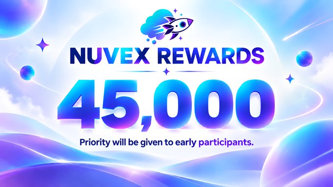 A promotional graphic for "NUVEX REWARDS" features a rocket illustration and announces 45,000 tokens, with text stating "Priority will be given to early participants," aligning with the post's giveaway of 45,000 $NUVEX tokens limited to the first 3,000 followers who retweet and share their Solana address.