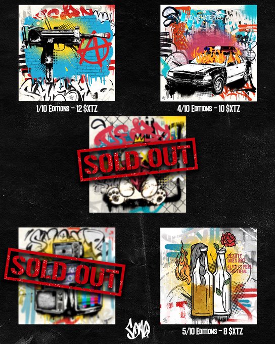 The image features a poster for an art exhibition, showcasing five different paintings of graffiti art. The posters are displayed against a black background with red text that reads "SOLD OUT" or "2 Sold Out", indicating that all the pieces have been sold out. The remaining two pieces in the collection can be seen on the right side of the image.