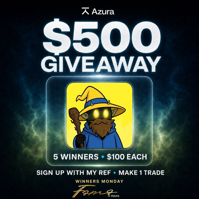 A promotional graphic for a "$500 GIVEAWAY" by Azura, featuring a wizard mascot in a yellow icon, announcing 5 winners of $100 each for users who sign up through a referral link and complete one trade, with winners drawn Monday.