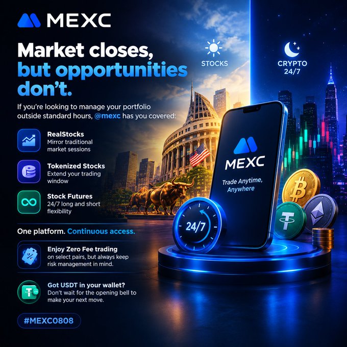 A promotional advertisement for MEXC with the text 'Market closes, but opportunities don't,' highlighting features like RealStocks, Tokenized Stocks, Stock Futures, Zero Fee trading, and the tagline 'Trade Anytime, Anywhere' alongside a 24/7 clock, crypto coins, and city skyline imagery.