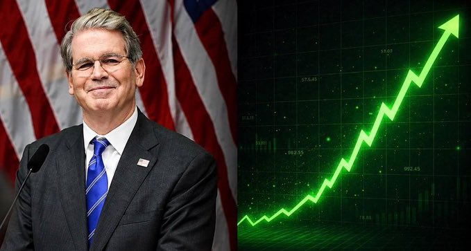Treasury Secretary Scott Bessent stands smiling before an American flag alongside a bright green upward-trending chart, visually reinforcing his call for crypto regulatory clarity to drive America's continued market dominance.