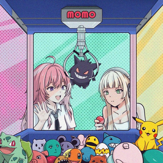 Anime-style illustration of two girls operating a claw machine labeled 'MOMO', attempting to catch a dark Pokémon (Gengar), with Pikachu and various other Pokémon characters visible at the bottom.