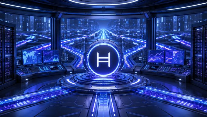 Futuristic blue-lit data center or control room featuring a large central circular display with the letter "H" surrounded by server racks and digital monitors.