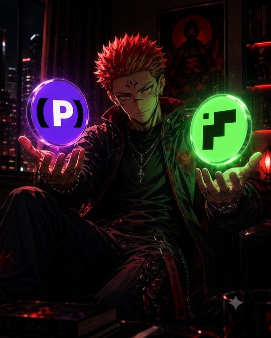 An anime-style illustration of a red-haired male character holding a glowing purple ball with the letter 'P' in one hand and a glowing green ball with a stylized symbol in the other, seated in a dark, red-lit room.