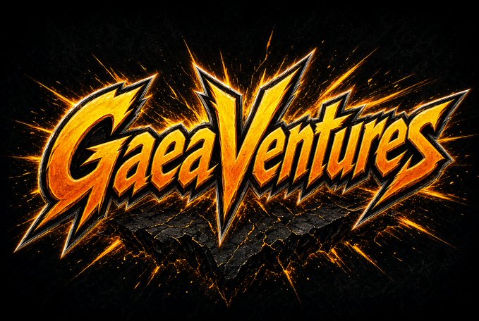 A stylized fiery orange and yellow logo for 'Gaea Ventures' with jagged metallic letters on a cracked dark background.