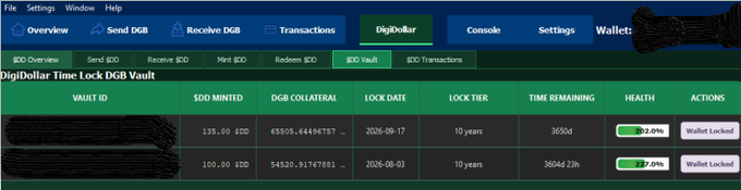 A screenshot of the DigiDollar Time Lock DGB Vault interface displaying two vault entries, each with 135.00 DGD and 100.00 DGD minted, locked for 10 years, both marked as "Wallet Locked."