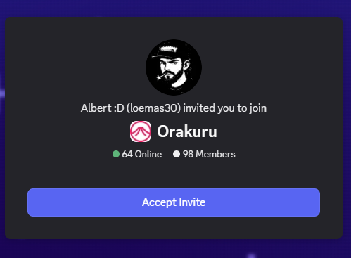 A digital Discord invite screen from 'Albert :D (loemas30)' for a server called 'Orakuru', showing 64 Online and 98 Members, with an 'Accept Invite' button.