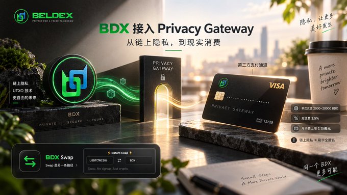 A promotional banner for Beldex announces "BDX 接入 Privacy Gateway" (BDX integrated into Privacy Gateway), featuring a black Visa card labeled "PRIVACY GATEWAY," the Beldex logo with UTXO technology mention, and key benefits like a 0.9% fee, no monthly fee, and 2,000-20,000 BDX issuance range—visually reinforcing the post's announcement that BDX has been onboarded as a third-party payment option via Privacy Gateway.