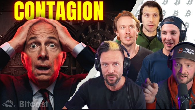 The image is a promotional thumbnail for a Bitcoin-focused YouTube livestream titled "CONTAGION," featuring the shocked face of actor J.K. Simmons (from the film "Contagion") alongside reactions from hosts wearing a "BITCOIN MENTOR" hat, with the "Bitcast" logo in the corner. The visual ties into the post's theme of spreading financial contagion from the BTC hack and hedge fund collapse, with featured guests @JoeyTweeets, @WalkerAmerica, and @brandon_gentile noted in the caption.
