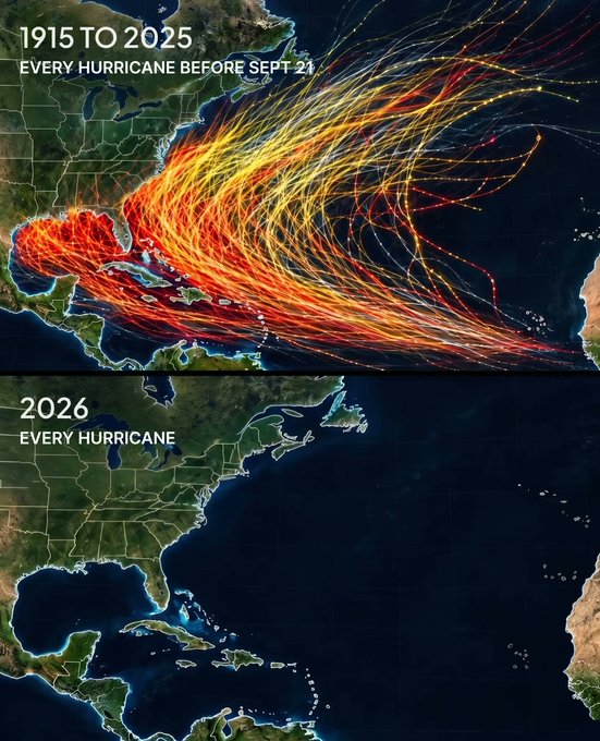 A map graphic showing hurricane tracks, with the top section labeled '1915 TO 2025 EVERY HURRICANE BEFORE SEPT 21' displaying dense tracks, and the bottom labeled '2026 EVERY HURRICANE' showing an empty map.