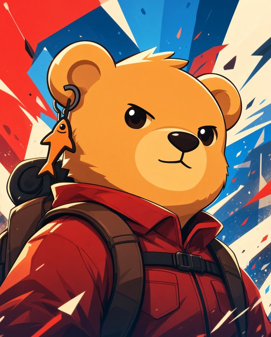 A stylized cartoon illustration of an anthropomorphic brown bear wearing a red shirt and backpack, featuring a fish earring, set against a dynamic red, white, and blue background with confetti-like shards.