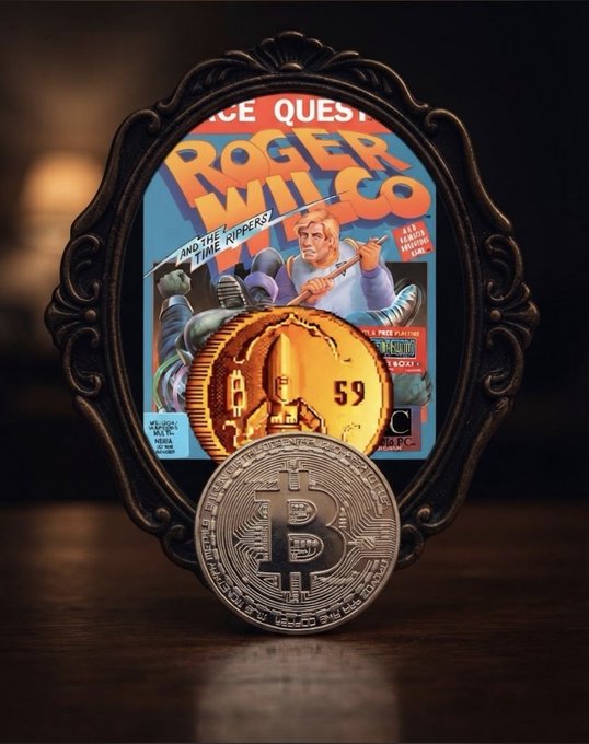 An ornate framed poster of the classic NES video game 'Roger Wilco and the Time Rippers' displayed behind a physical Bitcoin coin.