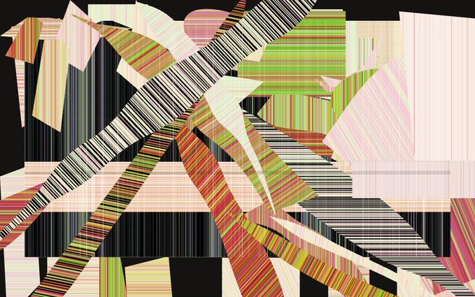 An abstract digital artwork featuring intersecting geometric planes composed of striped pixelated patterns in pastel pinks, greens, and earth tones against a black background.