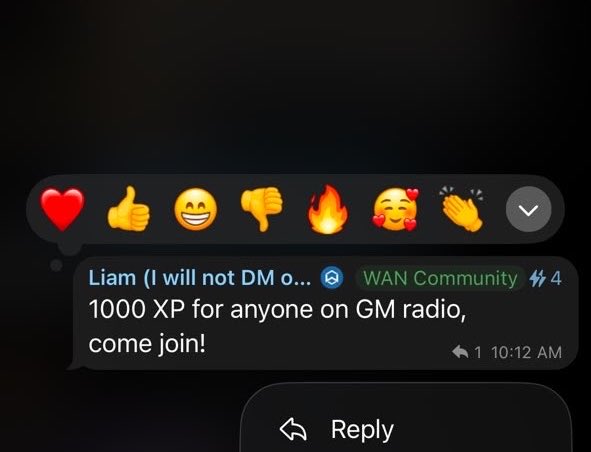 A Discord message screenshot shows user 'Liam (I will not DM o...)' in 'WAN Community' posting '1000 XP for anyone on GM radio, come join!' at 10:12 AM, with emoji reaction options displayed above.