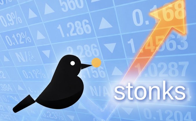 The image features a black bird with a yellow beak, positioned above a series of stock market graphs. The birdsong suggests an investment theme related to stocks or tokenized US equities. Below these illustrations, there are numbers representing actual stock prices or tokenized-equity prices. One of the numbers is 0.86, which may imply a high price for a particular stock or tokenized equity. This overall scene effectively conveys the idea of investing in tokenized US stocks as depicted in the image description provided.