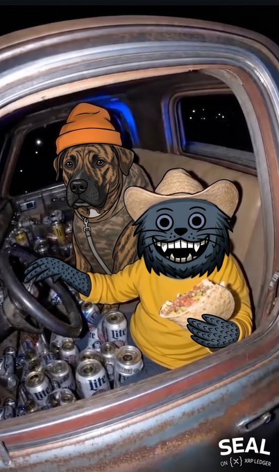 A digital illustration depicts a dog in an orange beanie and a cartoon monster character in a cowboy hat sitting in the cab of a truck surrounded by Miller Lite cans.